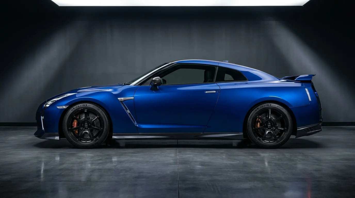 Side profile of a blue Nissan GT-R